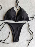 Women Triangle Bikini Set Halter Tie-Up Two Piece Swimsuit Thong Bottom Bathing Suit Beachwear