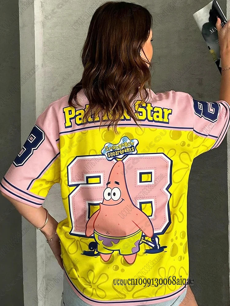 Cartoon SpongeBob Print T-shirts For Women Summer V-Neck Patchwork Short Sleeve Sports Football Jersey Y2K Loose Oversized Tops