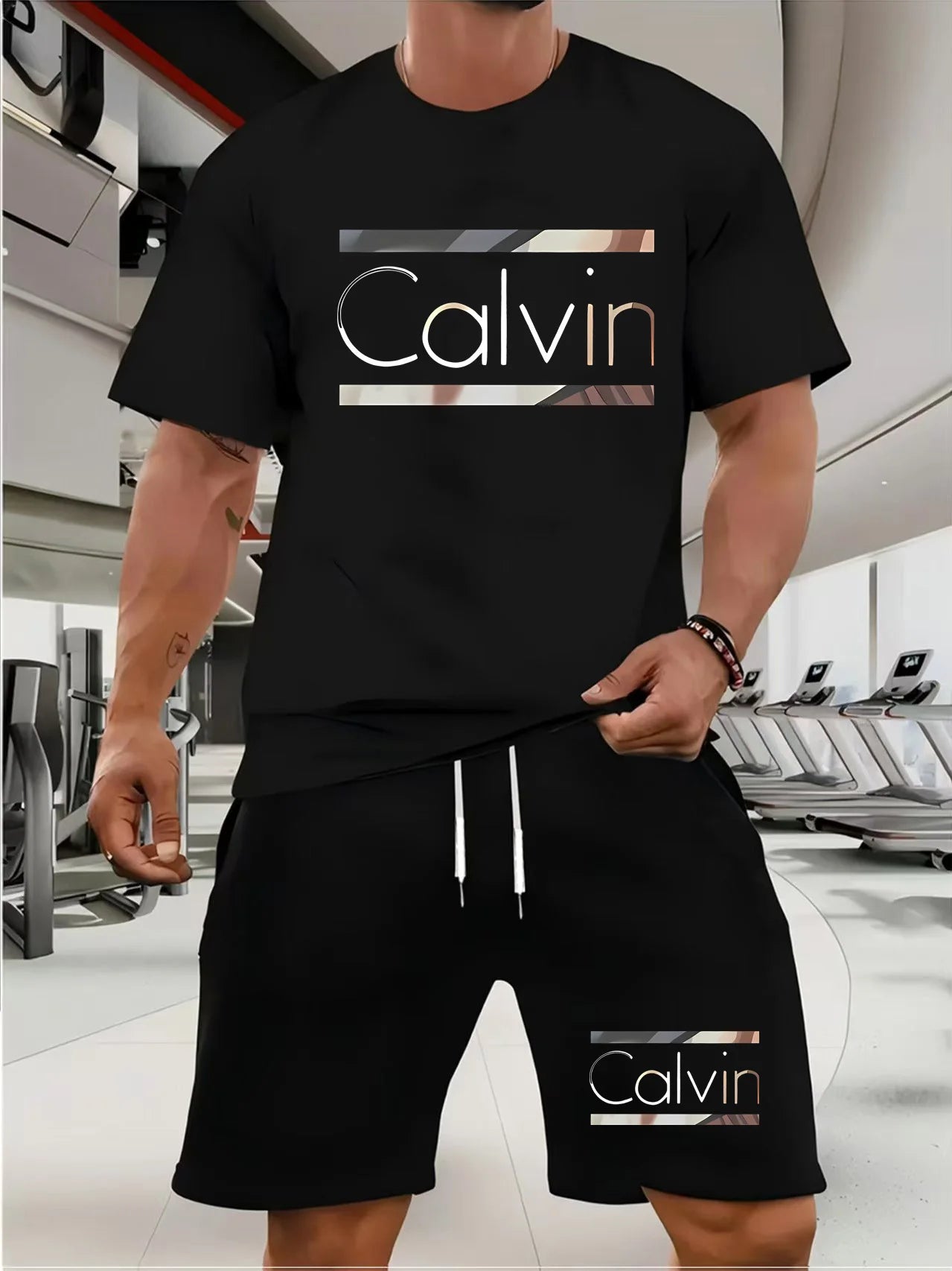 calvin  Men's new fashion summer sports printing crew-neck Mesh surface T-shirt shorts short-sleeved suit Loose two-piece set