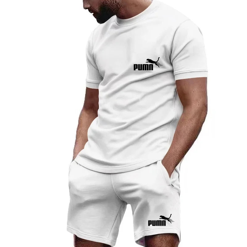 2026 new summer men's T-shirt+shorts set printed fashionable casual round neck pullover breathable running sports shorts