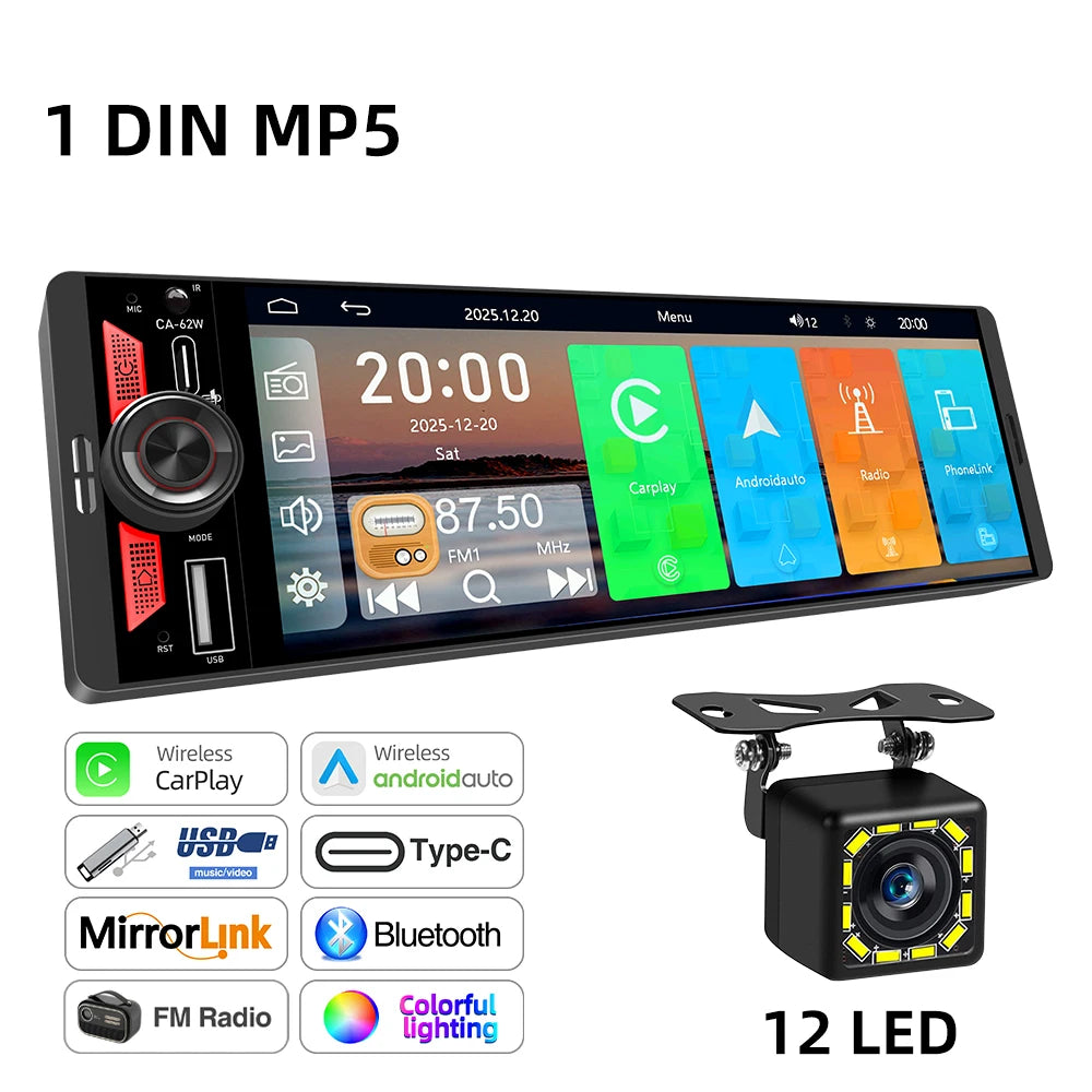 6.5 Inch 1Din IPS Screen Wireless Carplay Android Auto Airplay Car Radio MP5 Player Stereo Bluetooth FM Type-C PD3.0 Fast Charge