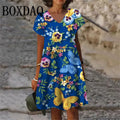 Plant Flowers Pattern Dresses Summer Women Clothing Fashion Plus Size Short Sleeve 3D Print Dress Casual Retro V-Neck Dress 6XL