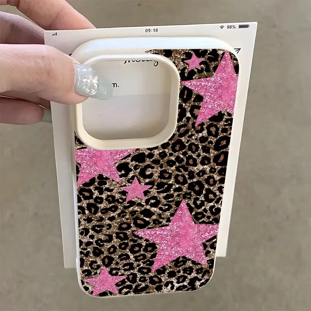 Retro Leopard Print Pink Star Phone Case For iPhone 17 Pro Max 16 Plus 15 Pro 14 13 12 11 XR XS 17Air Lychee Textur Soft Cover