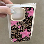 Retro Leopard Print Pink Star Phone Case For iPhone 17 Pro Max 16 Plus 15 Pro 14 13 12 11 XR XS 17Air Lychee Textur Soft Cover
