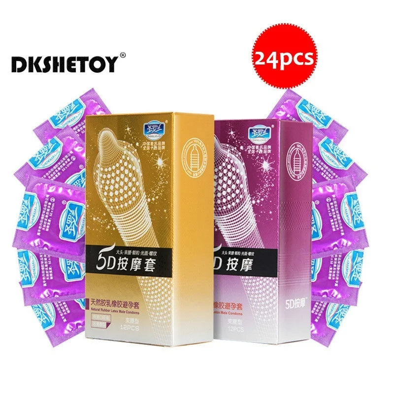 24pcs 5D Dotted Sex Condoms Thread Ribbed G-point Latex Ultra Thin Condom Orgasm Safer Contraceptives Stimulate Vaginal Sex Toys