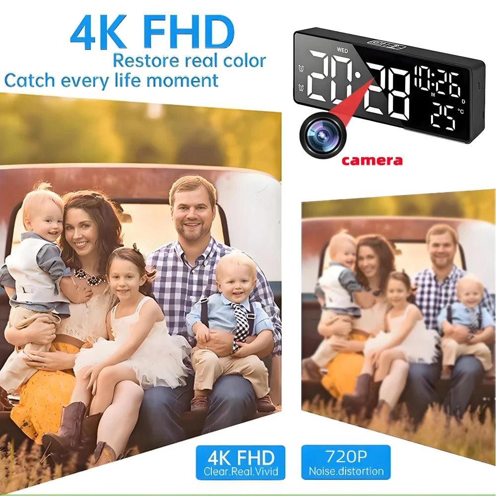 Mini 4K HD camera, supports remote viewing, motion detection, digital lights can be turned off, ringing alarm clock camera