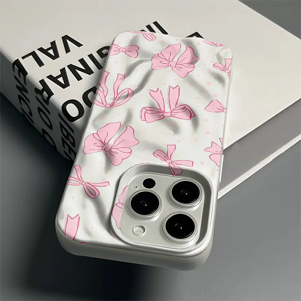 Pink Bow Print Mint Green Wavy Matte Phone Case For iPhone 16 Pro Case iPhone 17 14 11 13 12 15 Pro Max 16e Cover Funda