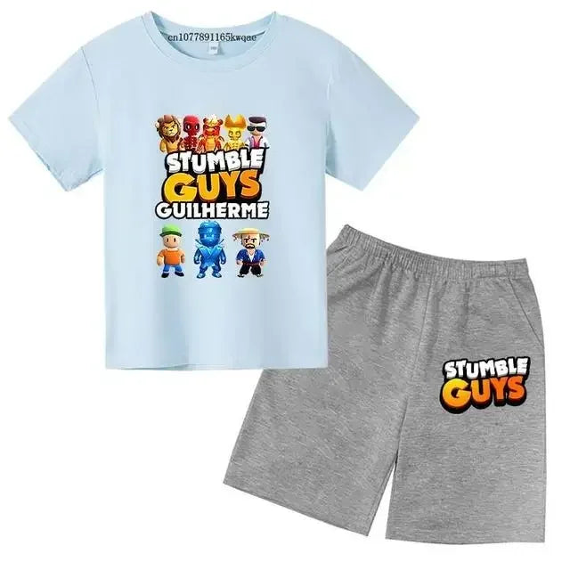 Summer 2pcs Guys Short Sleeve T-shirts+Pants Suits 3-13 Years Boys Girls Outfits Children  Kids Funny Game Print Stumble Clothes