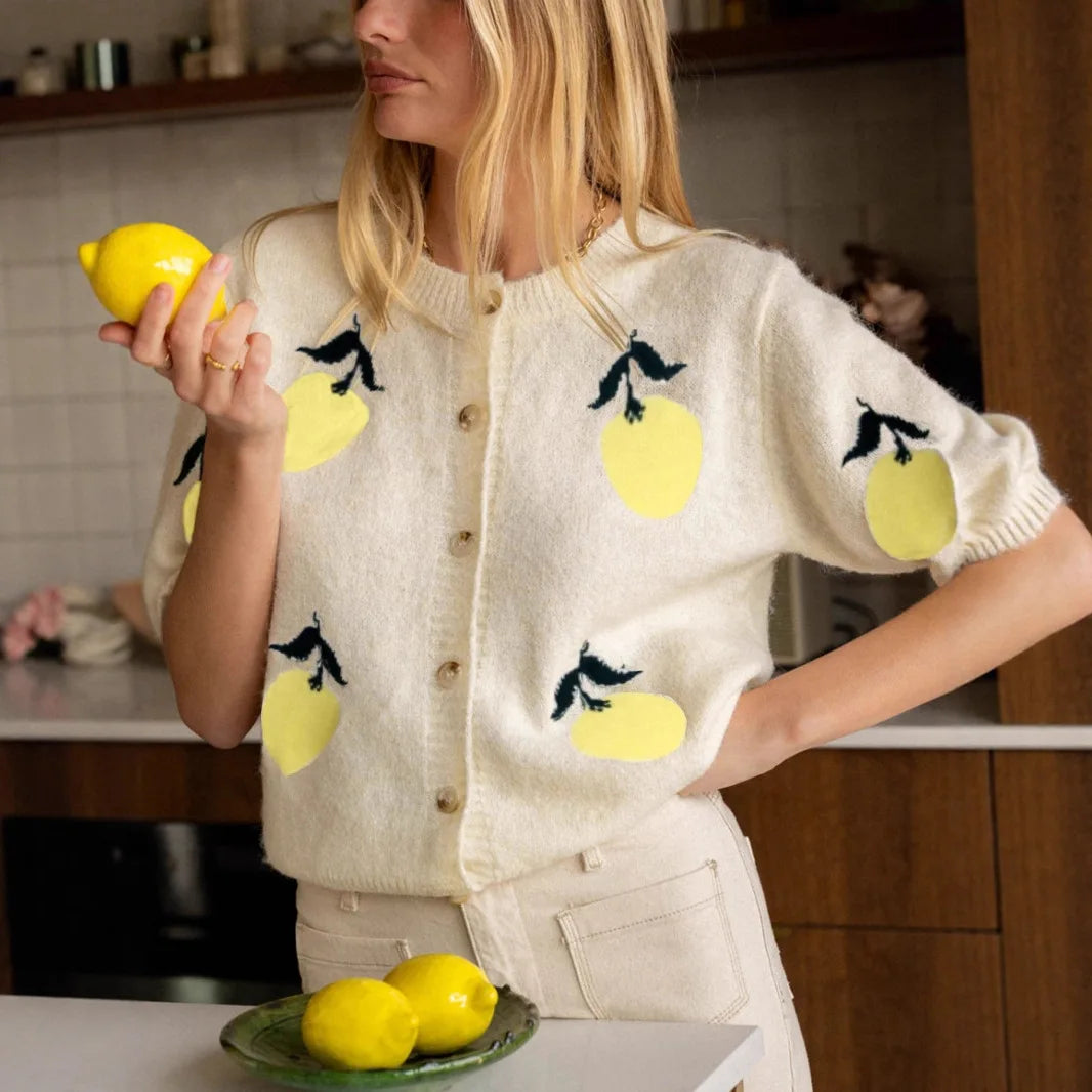 Women Lemon Pattern Knit Cardigan Cute Short Sleeve Button Down Sweater Vest Top New in Aesthetic Fruit Pattern