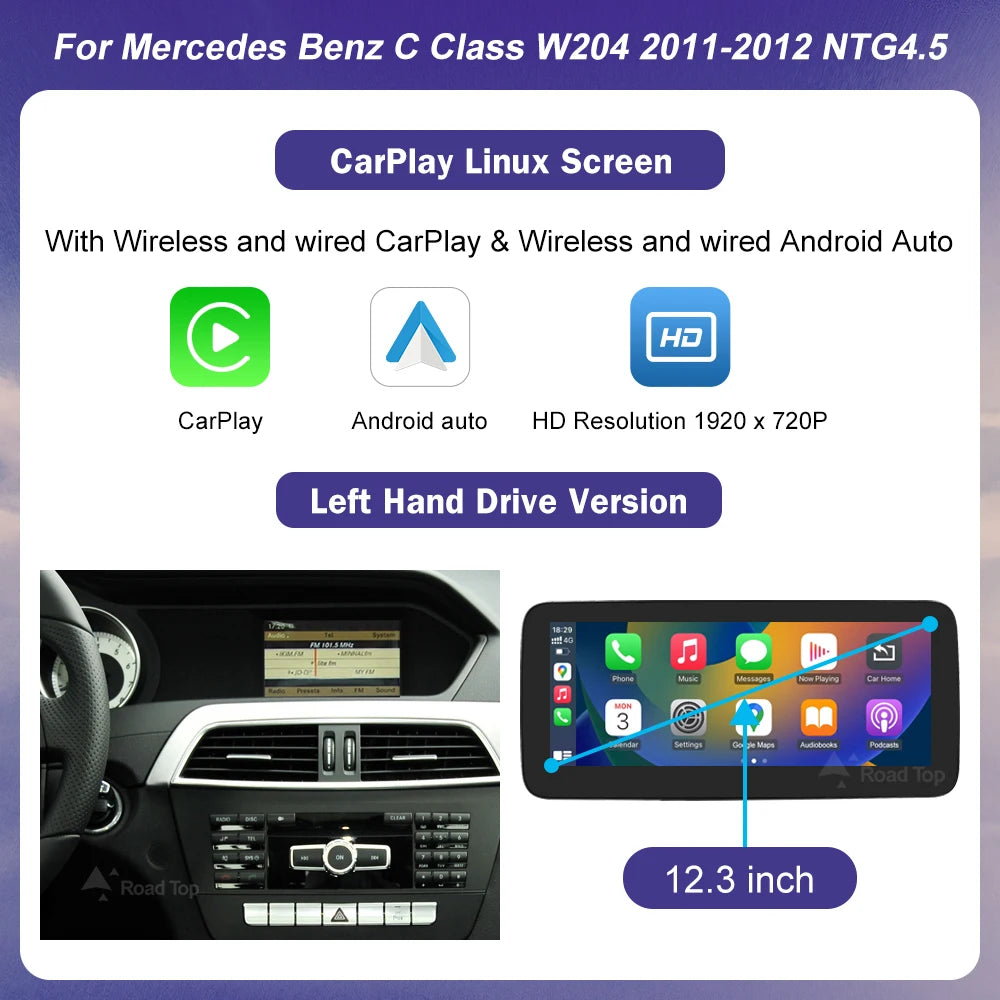 Wireless CarPlay Android Auto Touch Screen for Mercedes Benz A C Class W204 W176 GLA CLA 2011-2012 NTG4.5 Car Multimedia Player