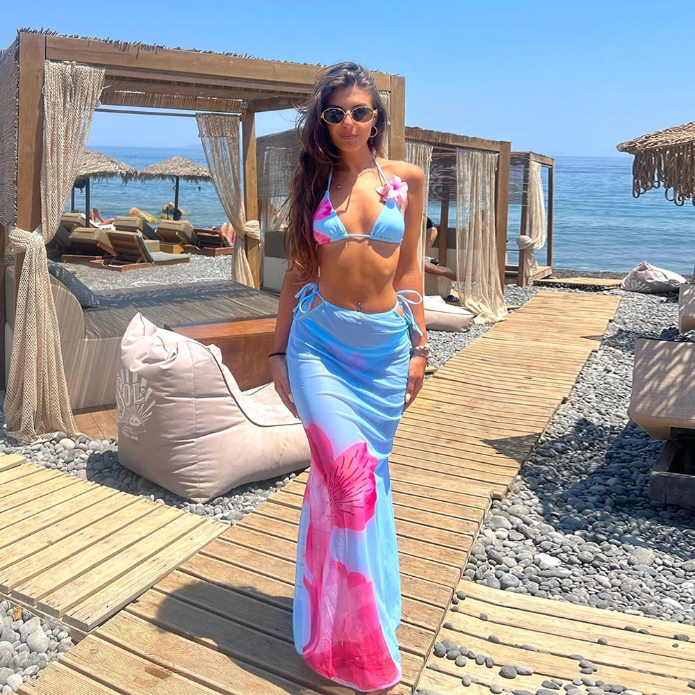 Sexy Blue Floral 3 Pieces Bikinis Sexy Women Swimsuits Female Swimwear Bikini Set Bathing Suit Swimming Suits Beachwear Biquini