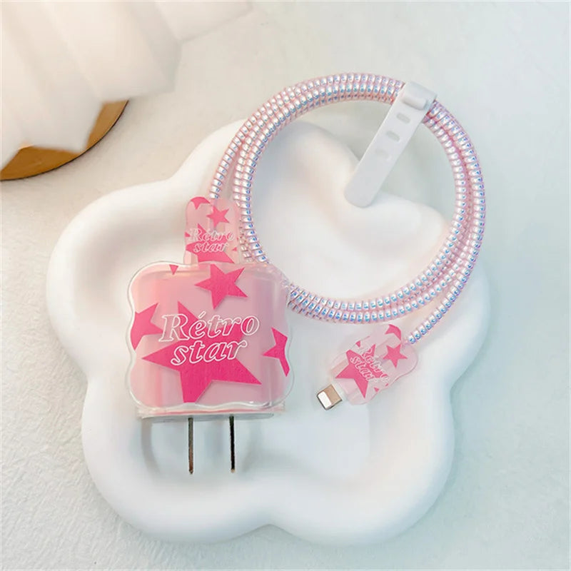 5pcs-set Heart Flower Wave Edge Charger Protective Cover Suitable for iPhone Models 12 13 14 15 Supports 18W 20W Fast Charging