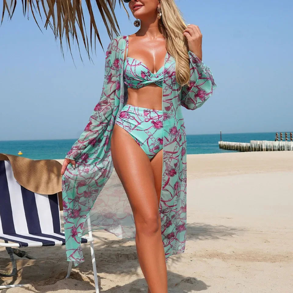 Womens High Waisted Bikini Sets Sporty Three Piece Swimsuits Color Block High Cut Bathing Suits New High Elastic Bikini Set