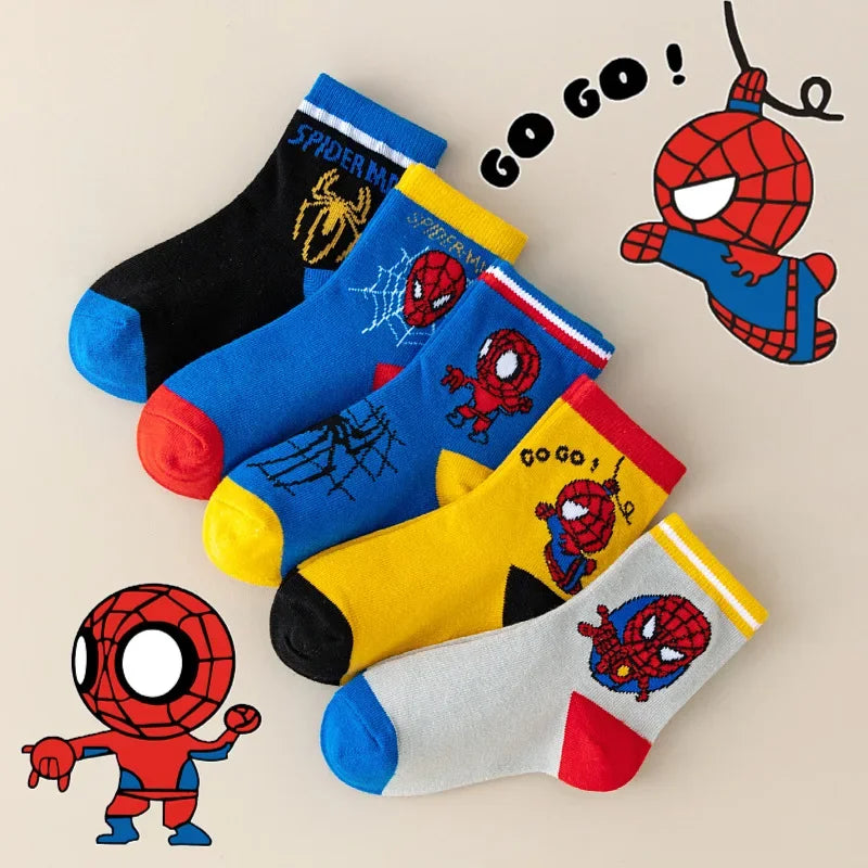 5 Pairs MARVEL Spiderman Children's Socks Kawaii Soft Anime Socks Kids Boys Socks MiddleTube Cartoon Baby Socks 1-12 Y