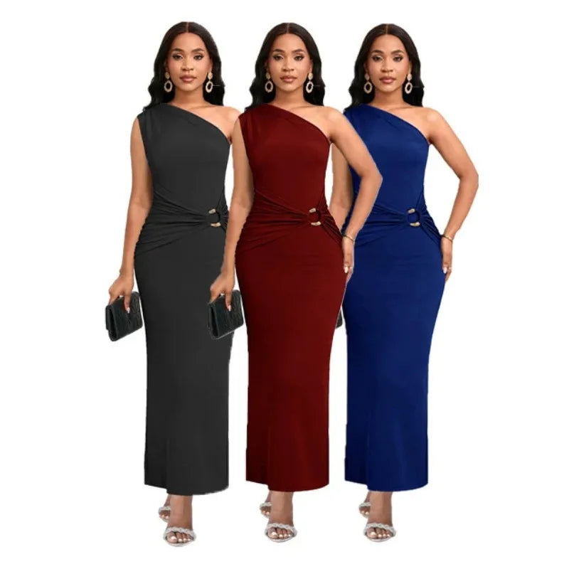 High end luxury crossover single shoulder wrap skirt with metal accessories suitable for women's elegant satin high waist figure