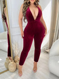Women's sexy hot girl deep V-neck hanging neck velvet backless tight jumpsuit