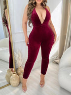 Women's sexy hot girl deep V-neck hanging neck velvet backless tight jumpsuit