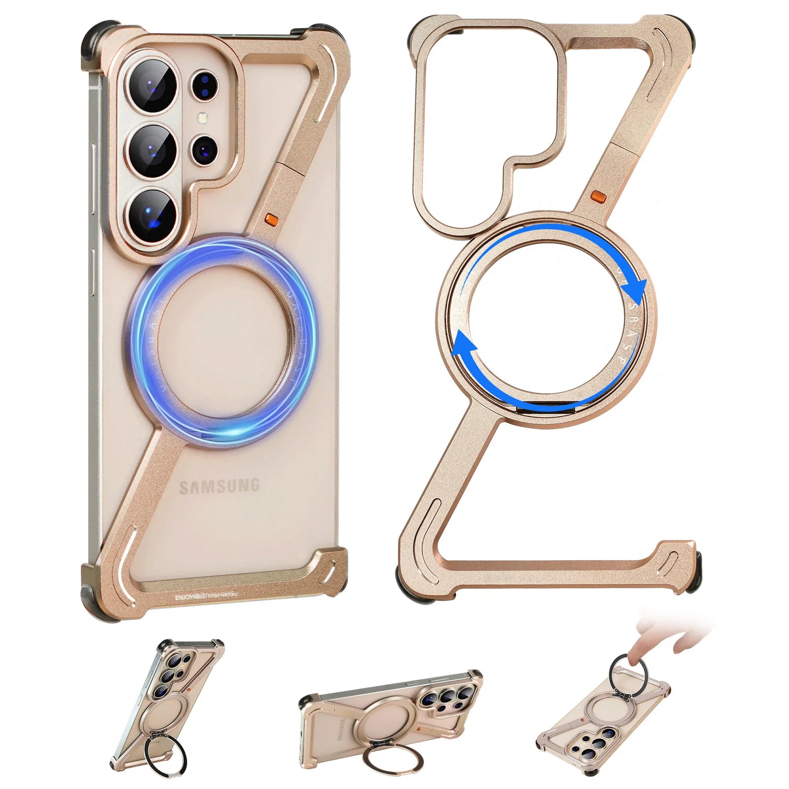 Eary Z Shape for Samsung Galaxy S26 Ultra Phone Case Frameless Metal Protective Case 360°Rotate Magnetic Stand Shockproof Cover