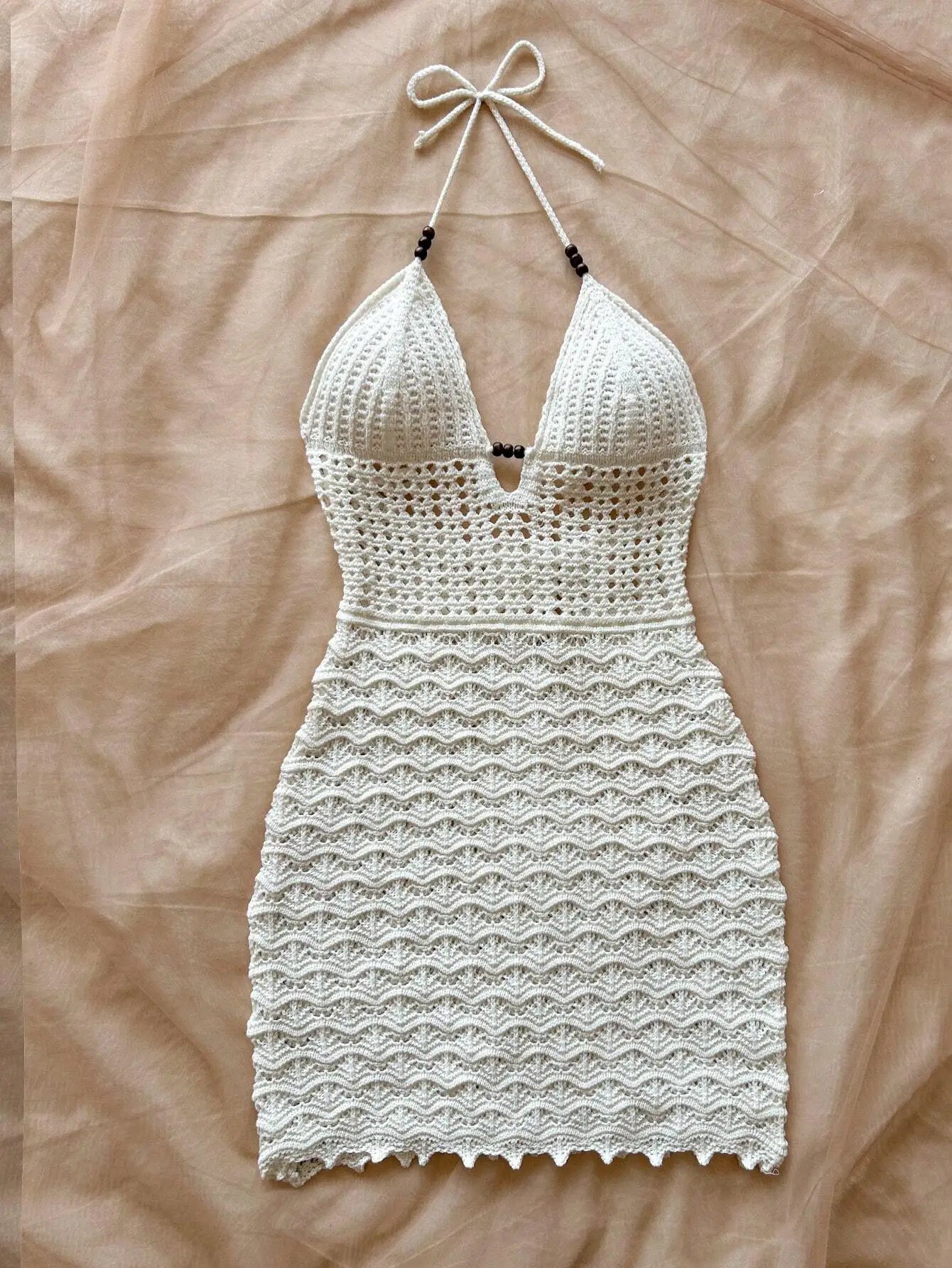 Women's White Crochet Halter Neck Sleeveless Dress