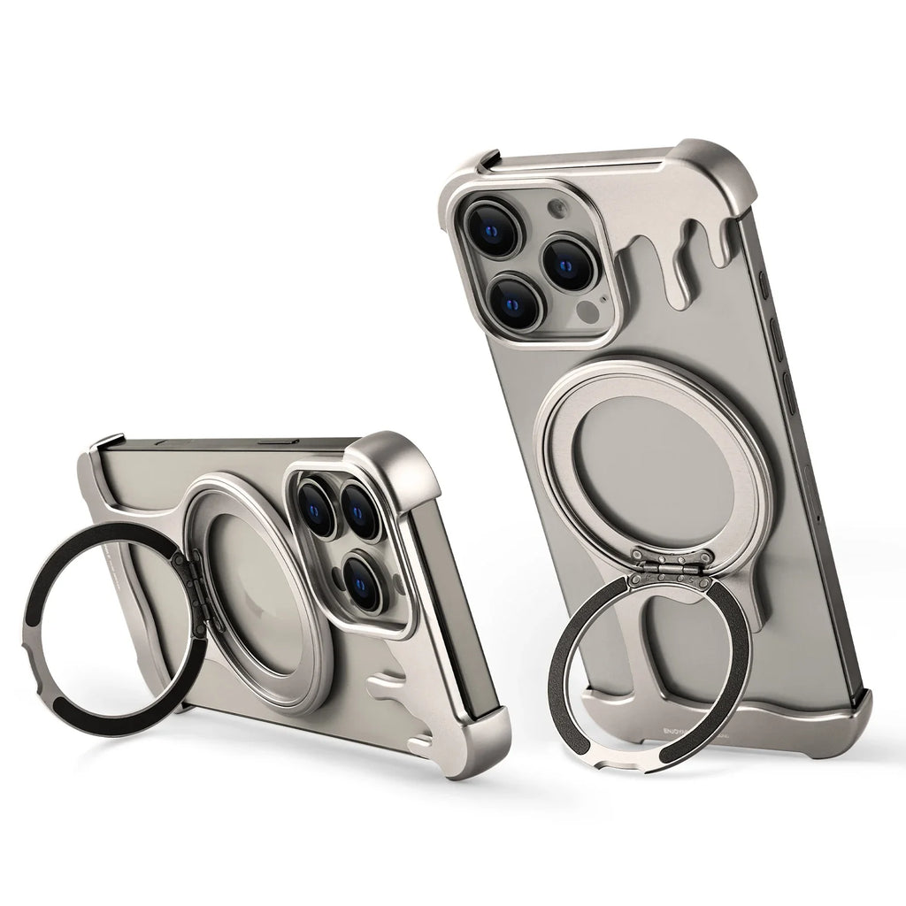 Eary Frameless Metal Bumper Case for iPhone 16/15/14/13 Pro Max for MagSafe 360°Rotatable Magnetic Kickstand Shockproof Cover