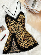 Women's Silk V-Neck Lace Trim Leopard Print Nightdress Slit Camisole Sensual Loungewear Lightweight All-Season
