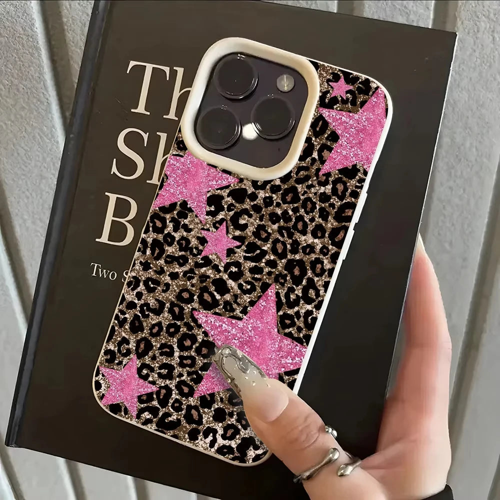 Retro Leopard Print Pink Star Phone Case For iPhone 17 Pro Max 16 Plus 15 Pro 14 13 12 11 XR XS 17Air Lychee Textur Soft Cover