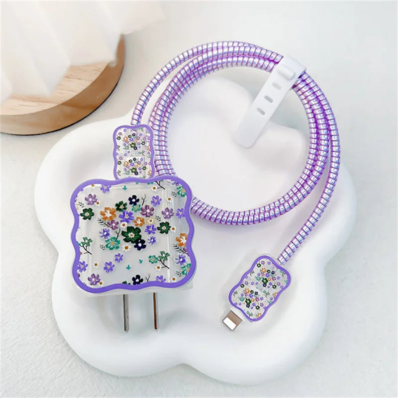 5pcs-set Heart Flower Wave Edge Charger Protective Cover Suitable for iPhone Models 12 13 14 15 Supports 18W 20W Fast Charging