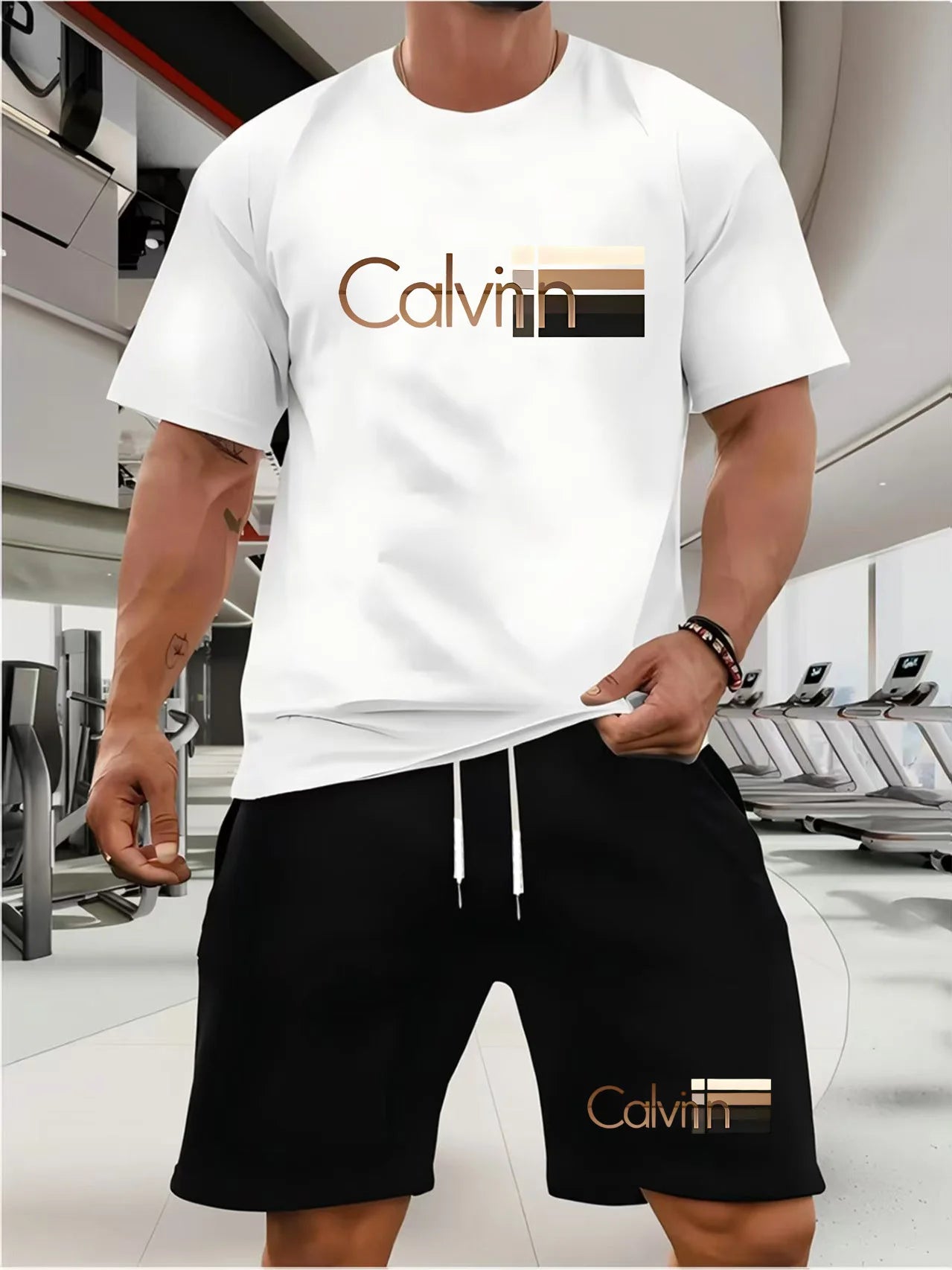 CALVIN summer men women new casual sports suit Fashion breathable outdoor short-sleeved T-shirt + training shorts two-piece set