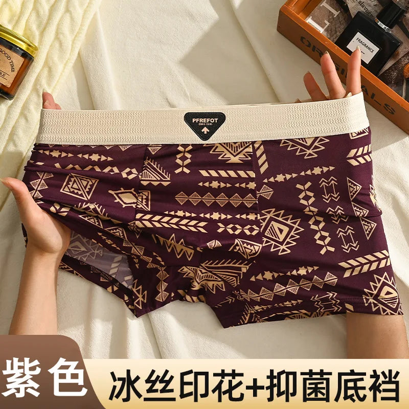 Underwear Man 2025 ice silk screen printed antibacterial breathable boxer shorts four-corner men's cheap clothing