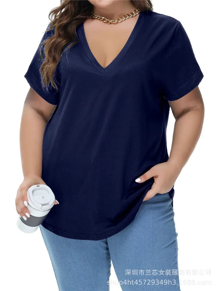 8XL Large Sizes Women T Shirt Summer Short Sleeve Loose Ladies Tees Shirt Casual V-Neck Pullover Black White Gray Tops Plus Size