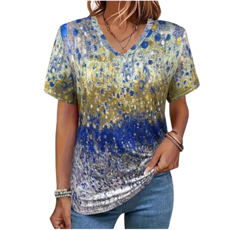 Summer Women Plus Size T Shirts 8XL Large Size Tops Casual V-Neck Short Sleeeve Loose Shirts Vintage Tie Dye Print Pullover Tops