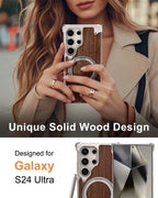 Eary Solid Wood Phone Case for Samsung Galaxy S25 S24 Ultra for Magsafe 360° Rotation Kickstand Frameless Protective Shells