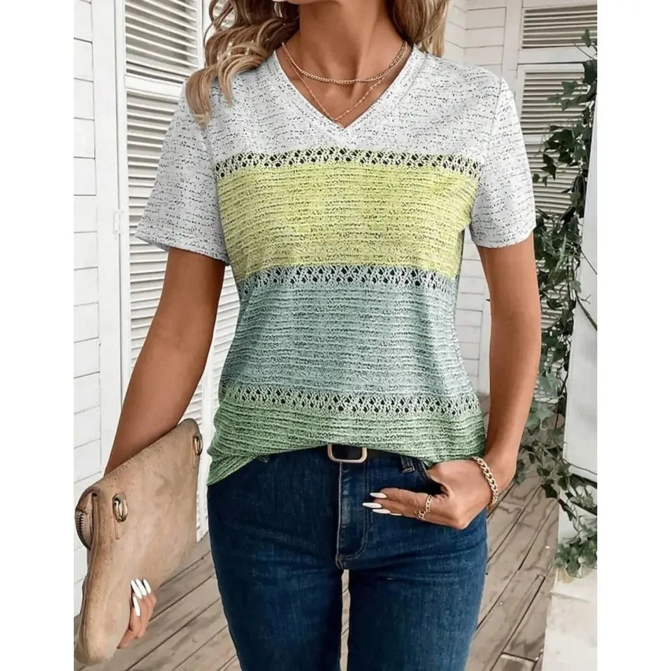 Summer Women Short Sleeve V-Neck Plus Size T Shirt For Women Fashion Ladies T-Shirt 3D Retro Striped Print Tops Casual Clothes