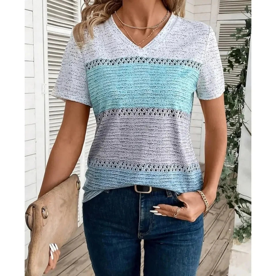 Summer Women Short Sleeve V-Neck Plus Size T Shirt For Women Fashion Ladies T-Shirt 3D Retro Striped Print Tops Casual Clothes