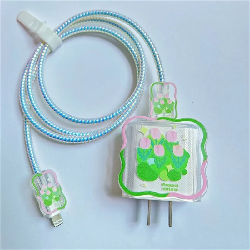 5pcs-set Heart Flower Wave Edge Charger Protective Cover Suitable for iPhone Models 12 13 14 15 Supports 18W 20W Fast Charging