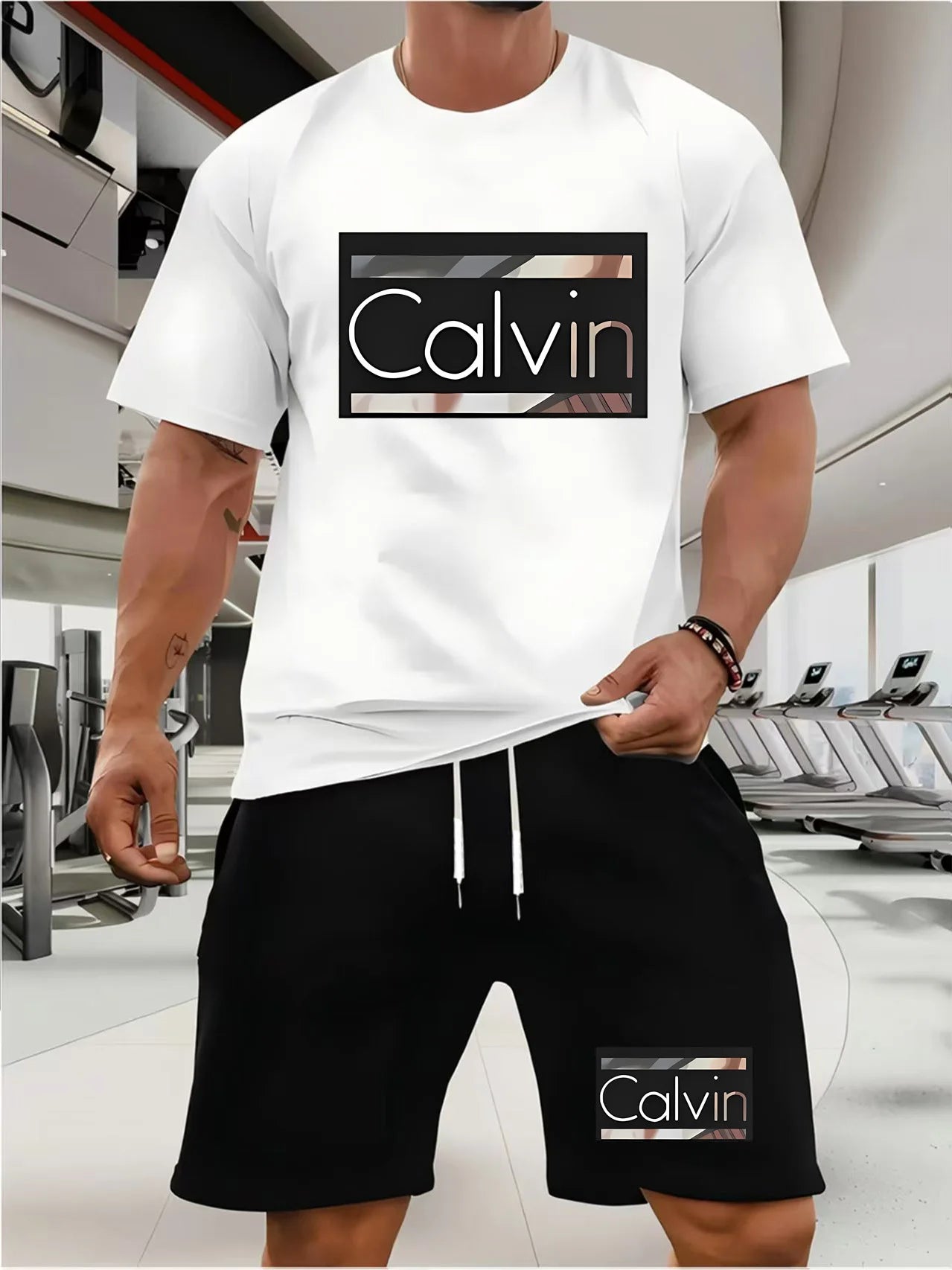 calvin  Men's new fashion summer sports printing crew-neck Mesh surface T-shirt shorts short-sleeved suit Loose two-piece set