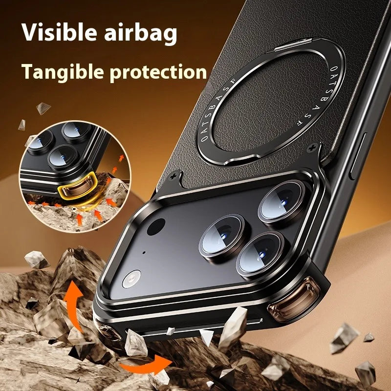 Eary for iPhone 17 Pro Max Air Phone Case Genuine Leather for Magsafe Frameless Shell 360°Rotate Magnetic Stand Anti-Drop Cover