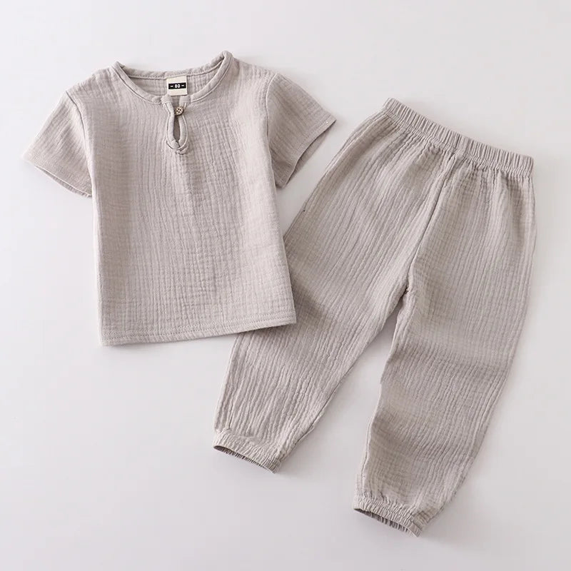Childrens Set  Summer Cotton and Linen Short Sleeved Pants Set Mens and Women Thin Pure Cotton Pants Loose Two-piece Set