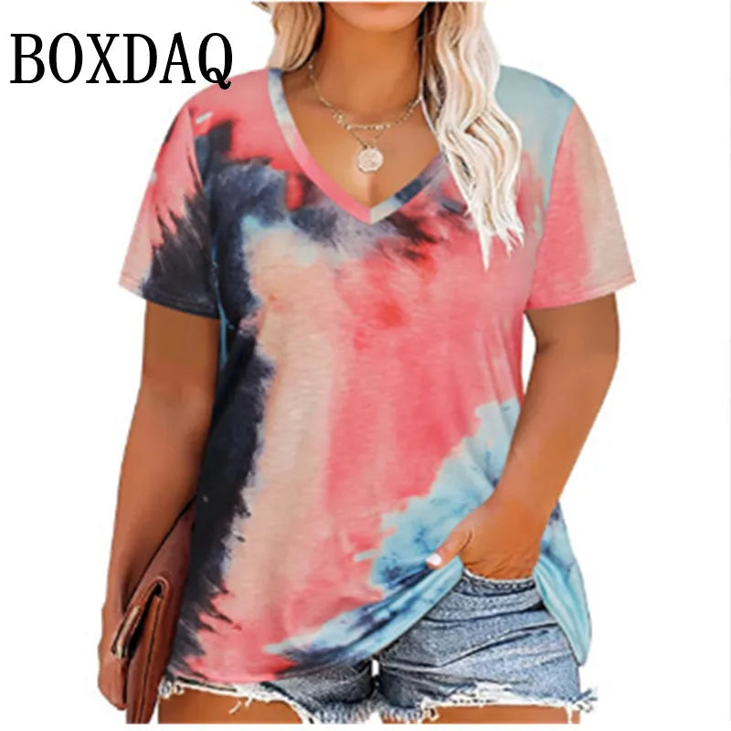 Trendy Plus Size Women's Tie-Dye V-Neck T-Shirt Fashion Short Sleeve Loose Pullover Tops For Casual Summer Wear Large Size Tees