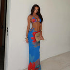 Sexy Blue Floral 3 Pieces Bikinis Sexy Women Swimsuits Female Swimwear Bikini Set Bathing Suit Swimming Suits Beachwear Biquini