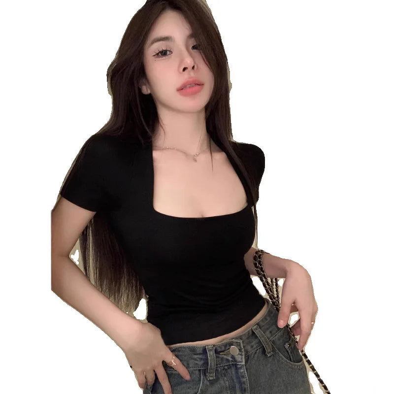 2026 Summer Y2K T shirt Women V-Neck Sexy Korean Fashion Slim Tees Crop Top Short Sleeve Woman Red Vintage Clothing Clothes Kpop