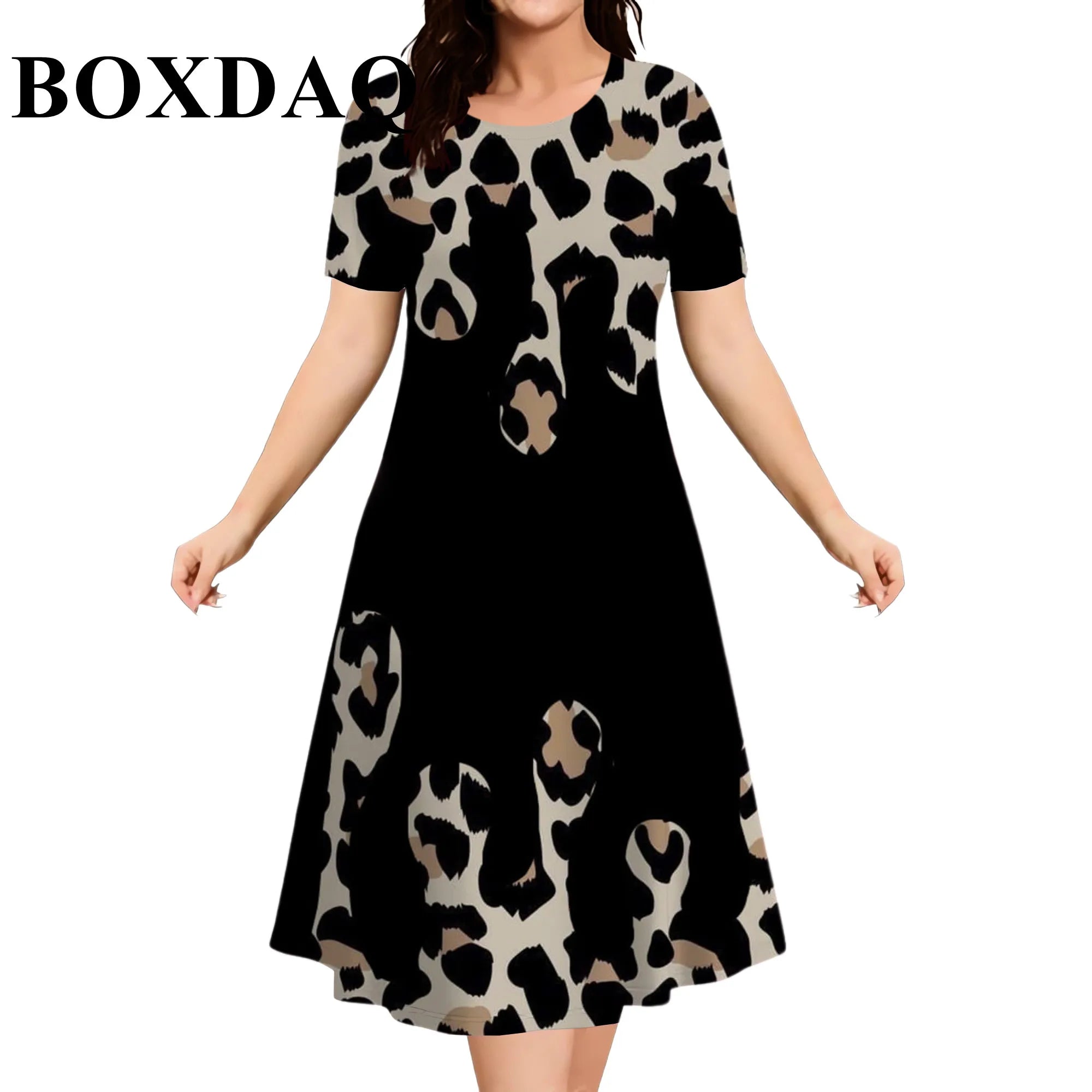 Elegant Fashioin Leopard Print Short Sleeve Dresses For Women 2026 Summer Casual Loose O-Neck A-Line Dress Plus Size 6XL Clothes