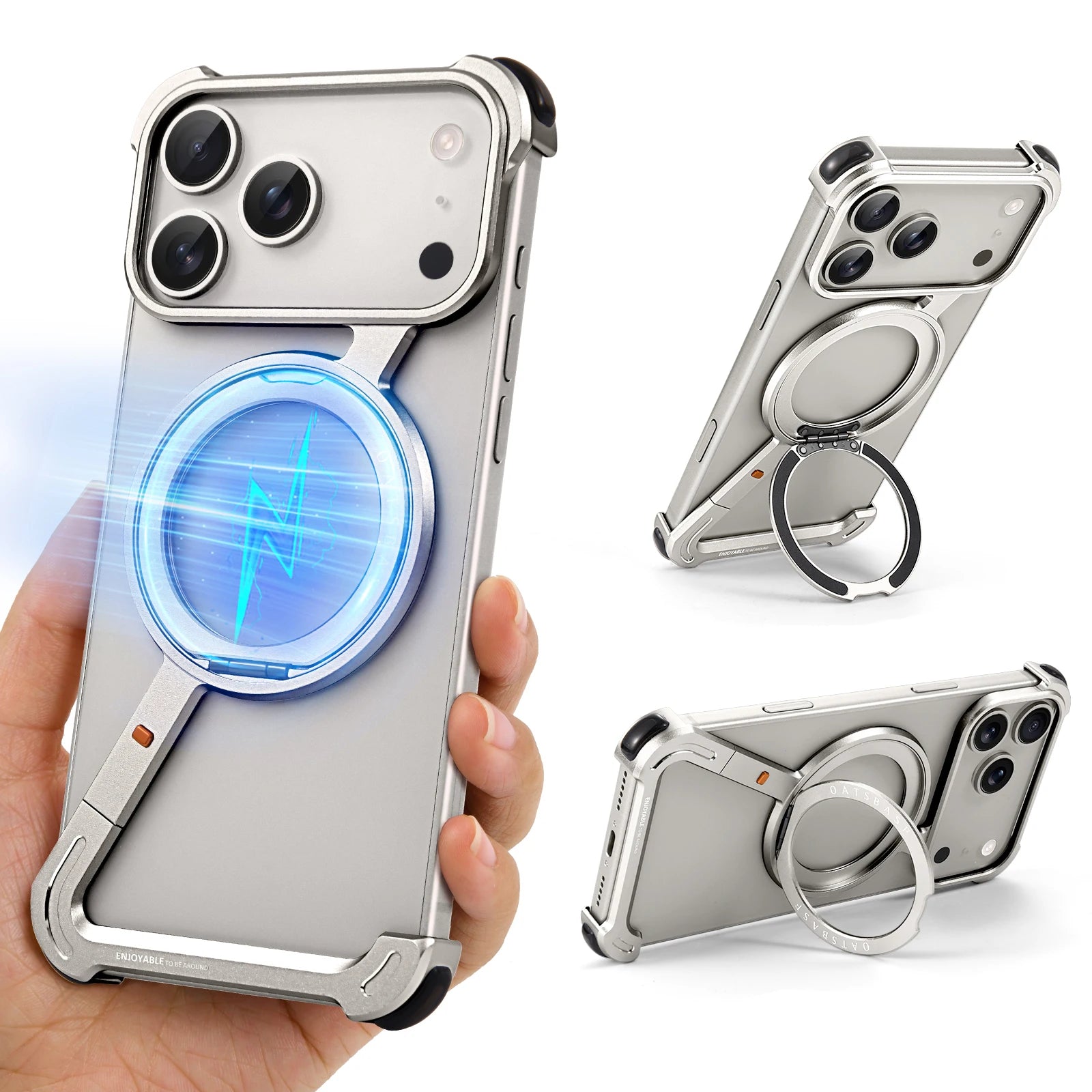 Eary Z Shape Frameless Phone Case for iPhone 17 Pro Max Air 16 15 14 13 for Magsafe Aluminum Metal Magnetic 360° Rotation Stands