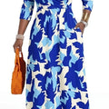 Plus Size Women's Pullover Sexy V Neck  3/4 Sleeve  Loose Long for Women Fashion Printed Summer  Casual Maxi Dresses With Pocket