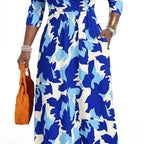 Plus Size Women's Pullover Sexy V Neck  3/4 Sleeve  Loose Long for Women Fashion Printed Summer  Casual Maxi Dresses With Pocket