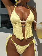 Wrinkled Tankini Halter Bikini Women Swimwear Female Swimsuit Two-pieces Bikini set High Cut Leg Bather Bathing Suit Swim V7154