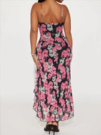 Women's fashionable beach retro floral print fashion dress with suspender dress
