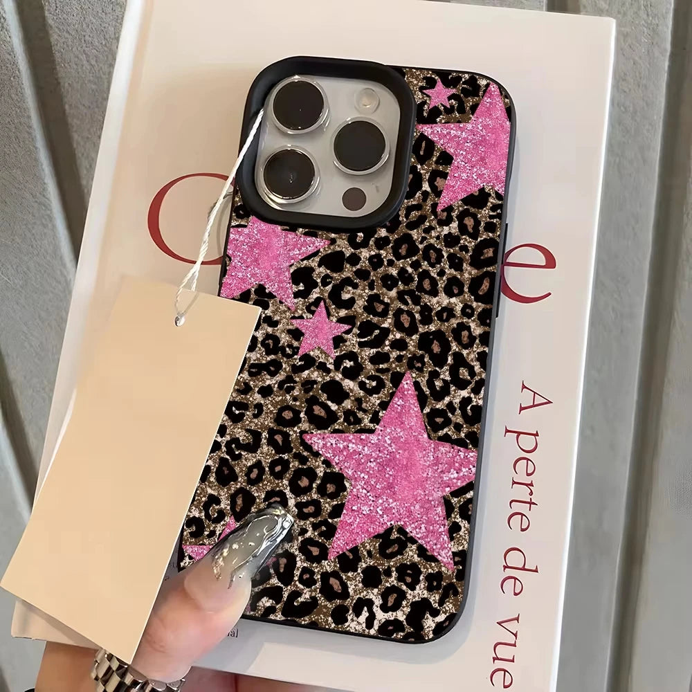 Retro Leopard Print Pink Star Phone Case For iPhone 17 Pro Max 16 Plus 15 Pro 14 13 12 11 XR XS 17Air Lychee Textur Soft Cover
