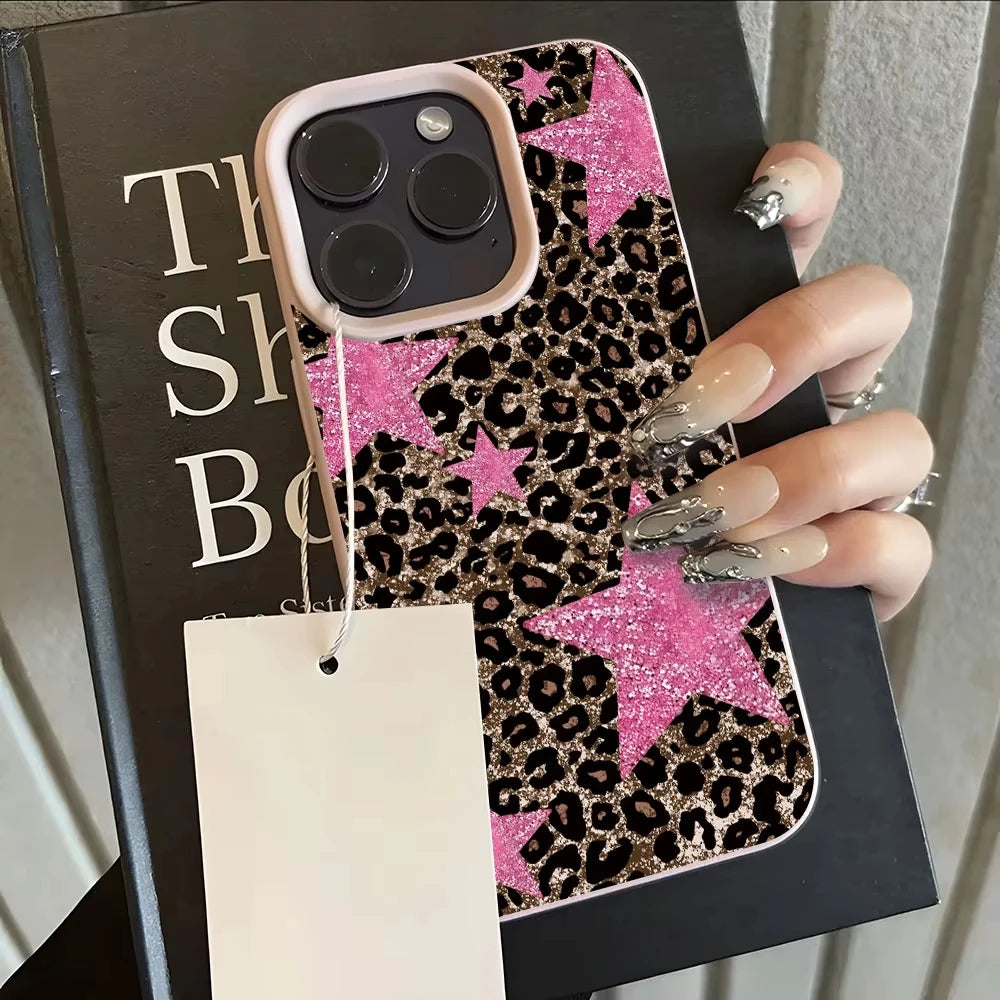 Retro Leopard Print Pink Star Phone Case For iPhone 17 Pro Max 16 Plus 15 Pro 14 13 12 11 XR XS 17Air Lychee Textur Soft Cover