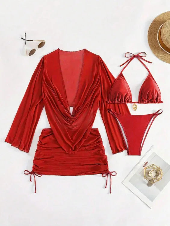 4pcs Sexy Solid Color Bikini Set With Sheer Cover-Up, Suitable For Vacation, Beach Party, Perfect For New Year And Valentine's